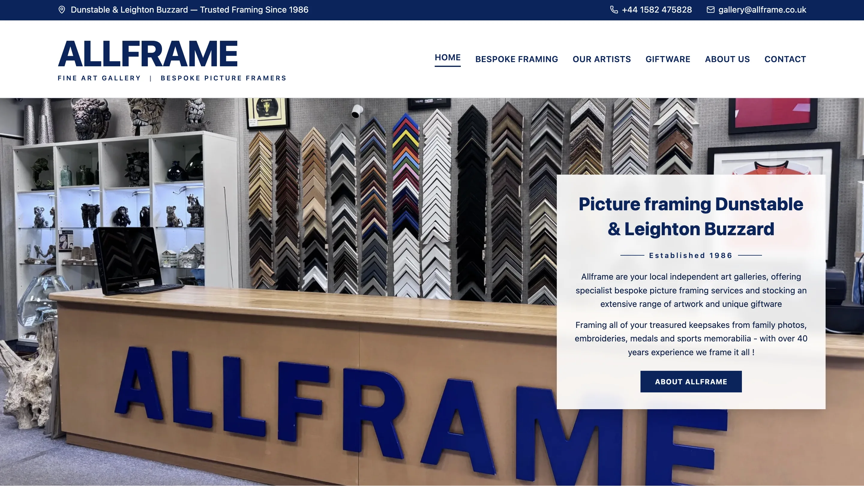 Website design for Allframe Limited — local picture framing business in Leighton Buzzard with a Dunstable store