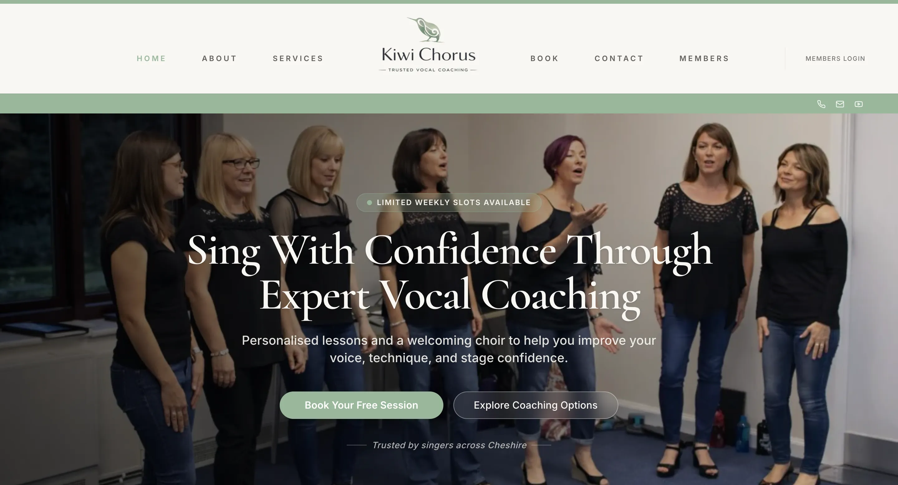 Website design for Kiwi Chorus — local online singing lessons in Cheshire