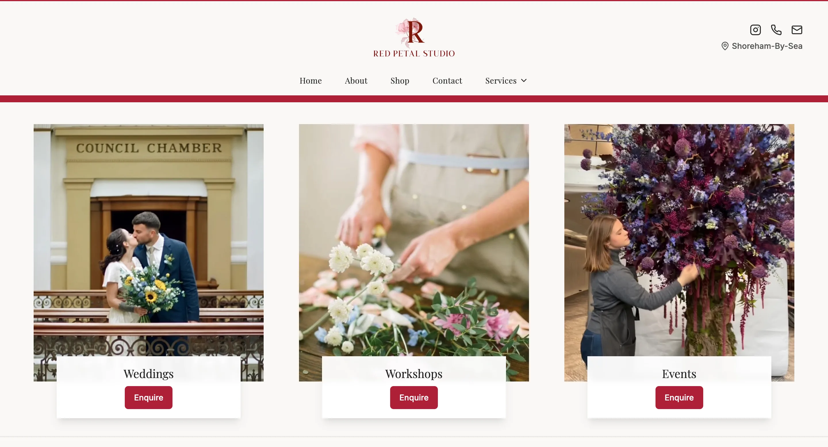 Website design for Red Petal Studio, a creative florist and events business