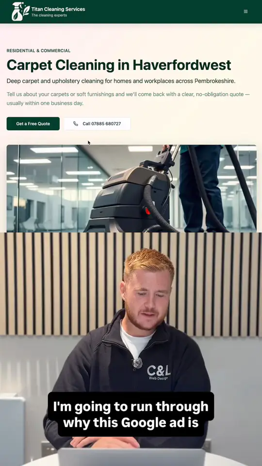Calum Wharmby of C&L Web Design, Myrtle Street, Liverpool, breaking down a cleaning client's Google Ads landing page