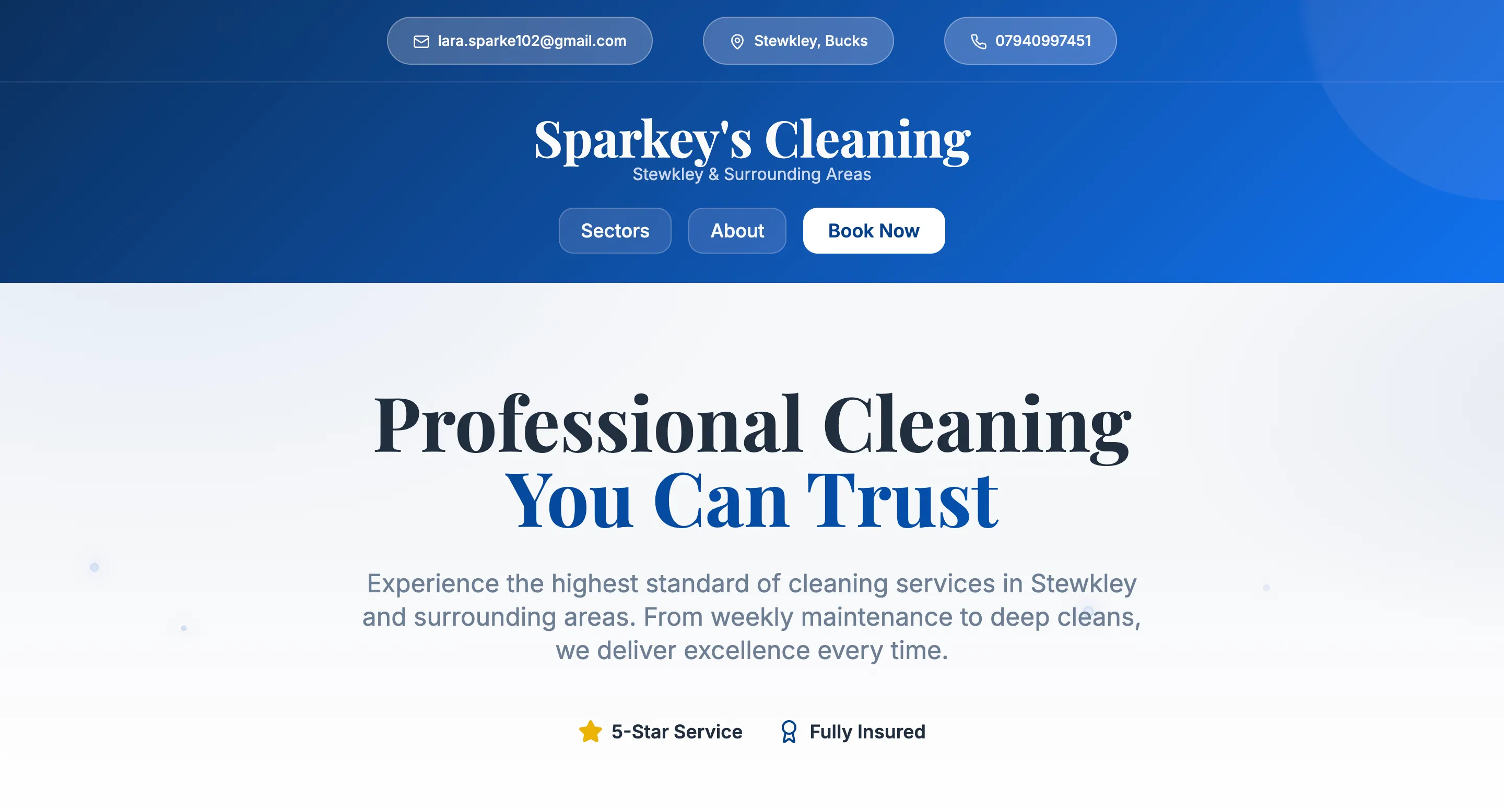 Cleaning services website design for Sparkey's Cleaning (local small business website)