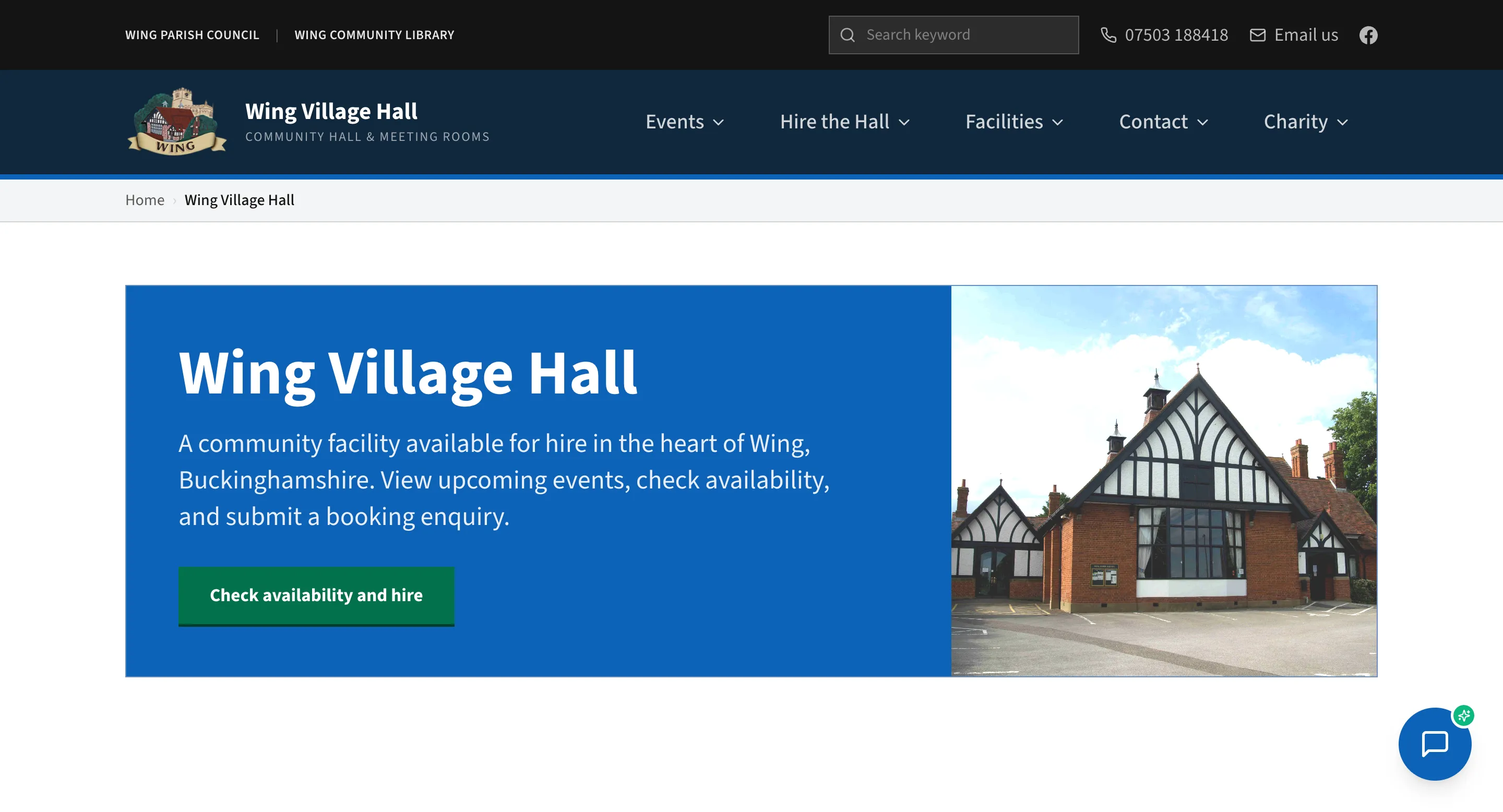 Website design for Wing Village Hall — community hall hire and local information