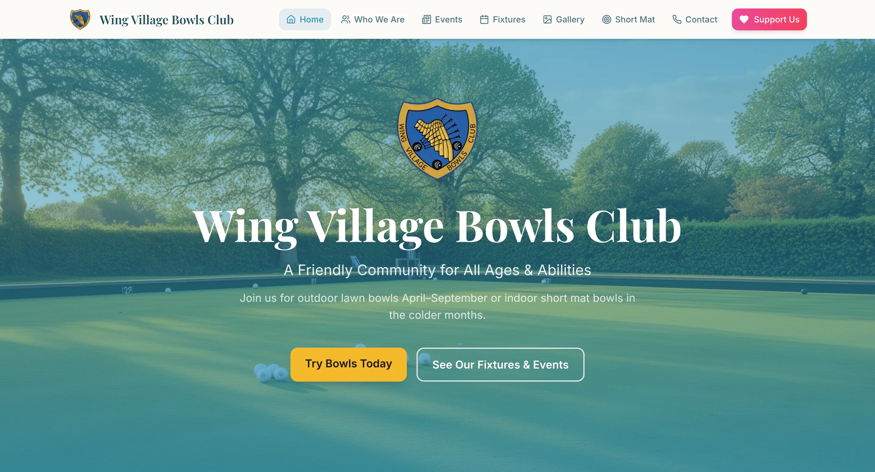 Website design for Wing Village Bowls Club community lawn bowls club